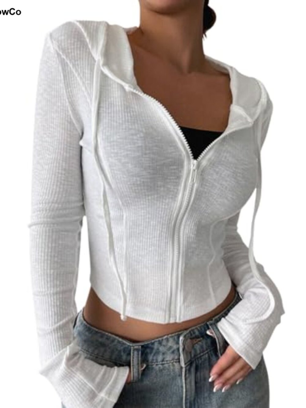Cropped Zip Up Hoodie Long Sleeve Rib Knit Slim Crop Jacket Lightweight Casual